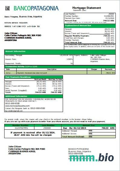 Argentyna Bank Patagonia wyciąg z kredytu hipotecznego szablon Word i PDF